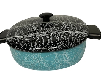 Vintage Serendipity Enamelware Dutch Oven Pan With Lid Turquoise Black MCM Retro