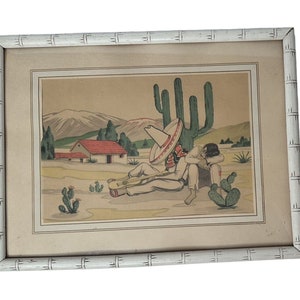 Vintage 1940s Art Print Old Mexico Landscape Cactus Sombrero Siesta 13" x 17"