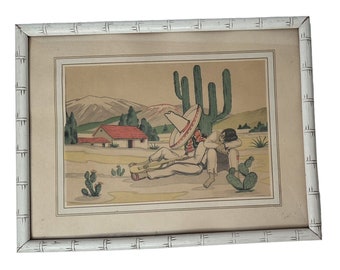 Vintage 1940s Art Print Old Mexico Landscape Cactus Sombrero Siesta 13&quot; x 17&quot;