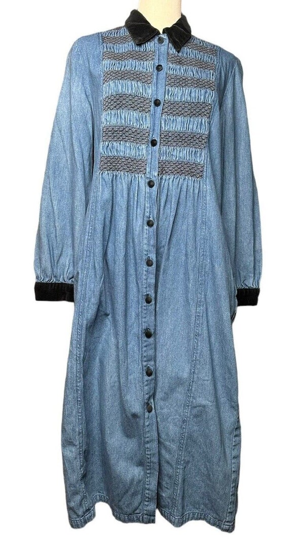 Vtg 80s 90s Coldwater Creek Smocked Denim Dress Bl