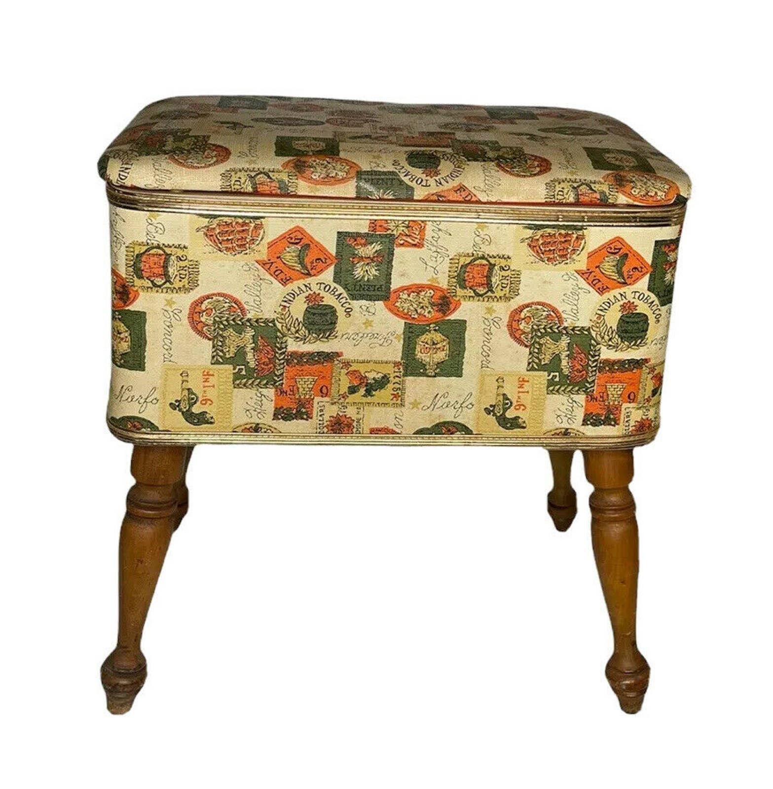 Vintage Burlington Hawkeye MCM Sewing Box Bench Basket Storage Stool Ottoman