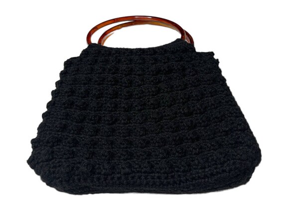 Vintage Black Crochet Macrame Purse Handbag Faux … - image 7