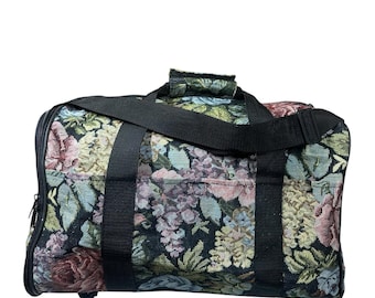 Vtg Tapestry Black Floral Cat Pet Carrier Bag with Wheels Adjustable Strap Tote