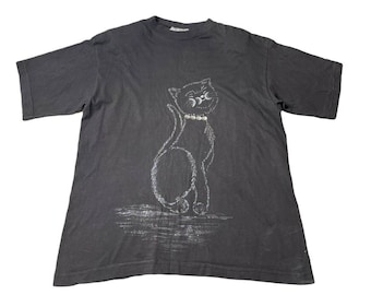 Vintage Womens Toi 80s 90s Black Cat T-Shirt with Jeweled Embellished Necklace M