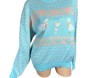 Vtg 80er Pastell Blau Rosa Gänse Enten Herzen Pullover Cottagecore Oma Größe L