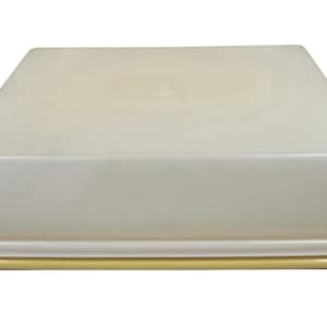 Puede incluir: Un recipiente rectangular de plástico blanquecino con tapa a juego. La base presenta un ribete dorado. El recipiente está diseñado para el almacenamiento y la organización.