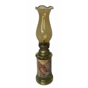 Vintage Chap Stick Co Amber Bottle Oil Lamp Religious Praying Hands Hong Kong 9&quot;