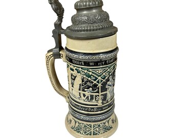 Vtg German Beer Stein w/Hinged Pewter Lid Cream Stoneware 9.5" Garden Scene .5L