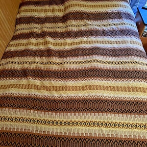 May include: A brown, beige, and black striped throw blanket with a geometric pattern.