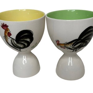Vintage Pair of Handpainted Rooster Egg Cups Yellow & Green Interior 3 5/8&quot;