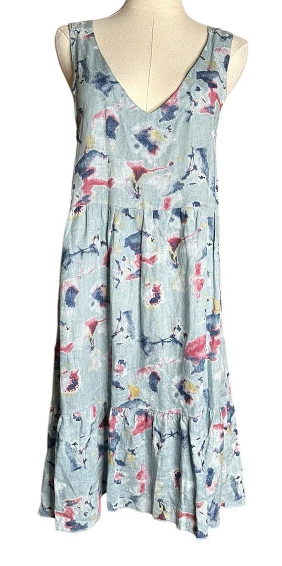 Bellambra 100% Linen Dress Womens XS Blue Floral Watercolor Sleeveless Italy Bellambra 100% Linen Dress Womens XS Blue Floral Watercolor Sleeveless Italy