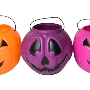 Vtg General Foam Plastics Blow Mold Jack-O-Lantern Candy Pail Paars Roze Oranje