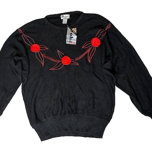 NEU Vtg Damen Kristall Kobe Schwarz Rote Rosen Seide Angora Fledermaus Pullover 80er 90er