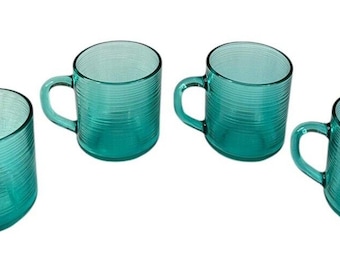 Vintage Arcoroc France Jardiniere Teal Glass Ribbed Mugs Tea Coffee Set Of 4