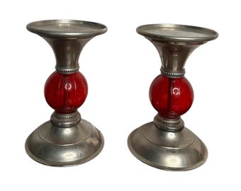 Vtg Martha Stewart Living 6" Deep Red Bead Silver Pillar Candle Holder Pair 2005
