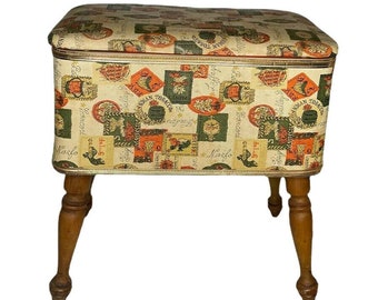 Vintage Burlington Hawkeye MCM Sewing Box Bench Basket Storage Stool Ottoman