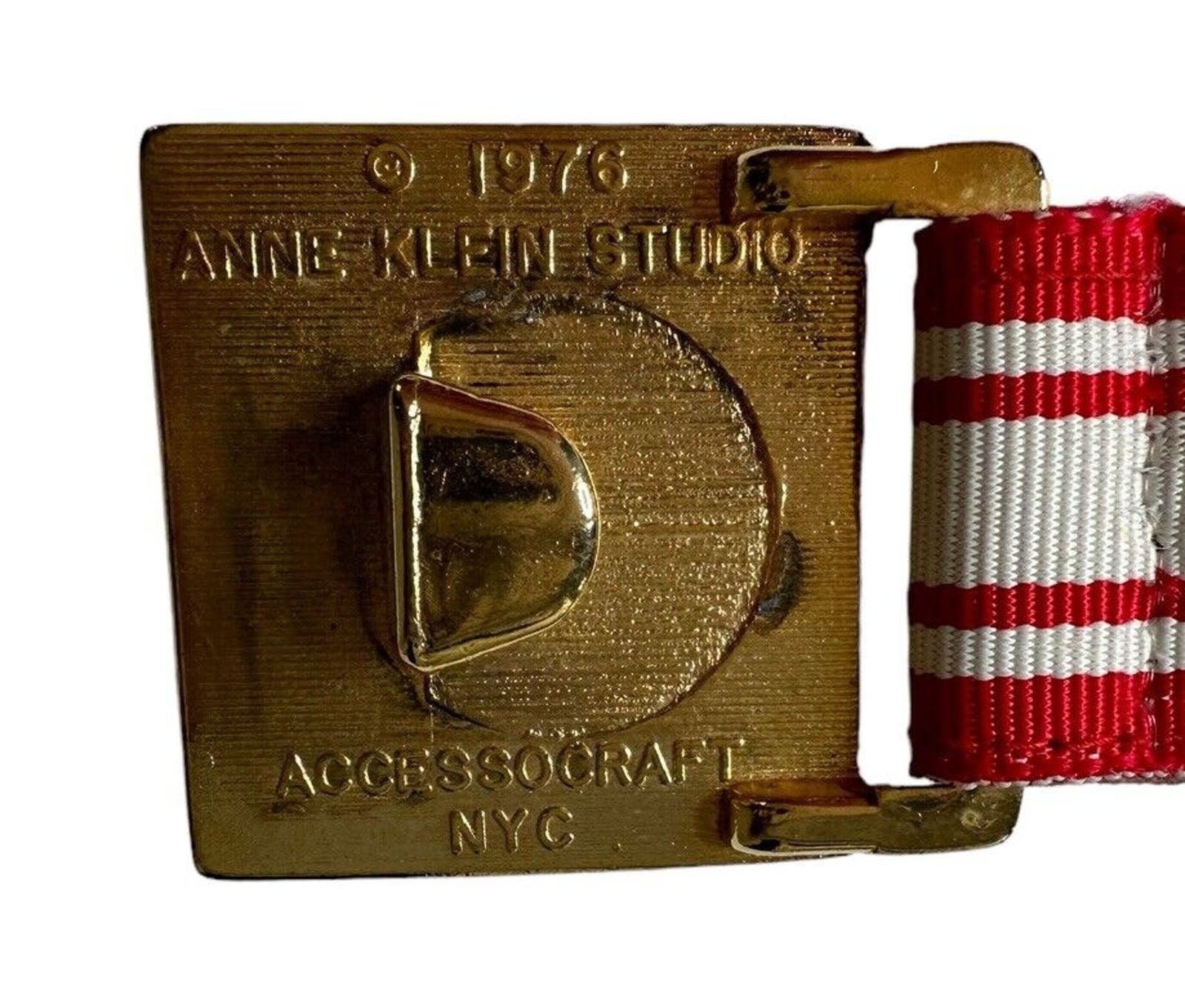 Vtg 1976 Anne Klein Accessocraft NYC Gold Lion Buckle Ribbon Belt Red White Blue Vintage Anne Klein Studio NYC Gold Lion Buckle Womens Belt  main image 2