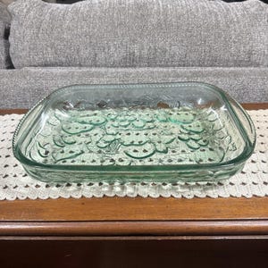 Cazuela de vidrio verde Libbey Orchard Fruit, estilo vintage, apta para horno, 9x13 pulgadas.