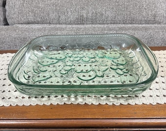 Cazuela de vidrio verde Libbey Orchard Fruit, estilo vintage, apta para horno, 9x13 pulgadas.