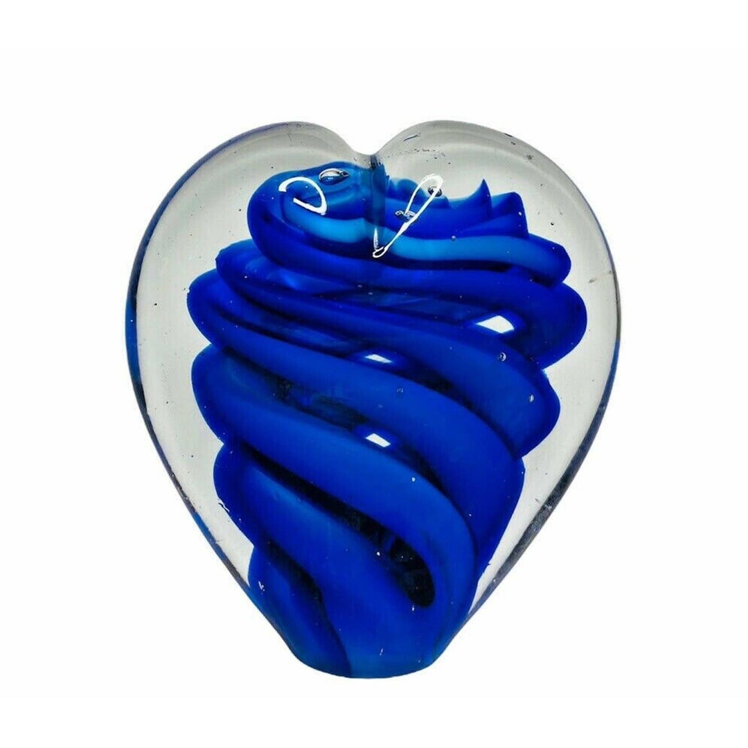 Clear Heart Art Glass Heart Blue Swirl Bubbles 4.75 Tall Heavy Paper