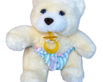 Osito de peluche vintage Dan Dee de 20 cm con pestañas largas y chupete Lovey, años 90