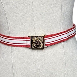 Vintage Anne Klein Studio NYC Gold Lion Buckle Womens Belt Red White 1976