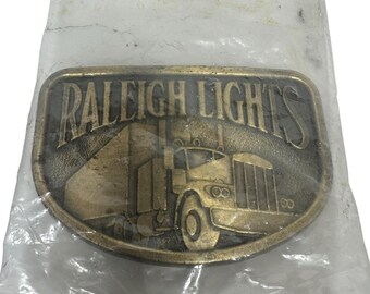 Vtg Raleigh Lights Tobacco Cigarettes Semi Truck Trucker Brass Belt Buckle 70s