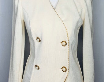 Womens Vintage Matthew & Davis For BL Ivory Gold Trim Knit Sweater Blazer Size 6P