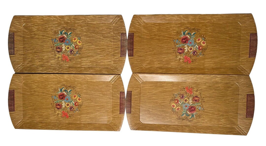 Vintage Hasko Lap TV Trays Set 4 Floral Wood Covered With Lithographed Paper MCM Etsy
