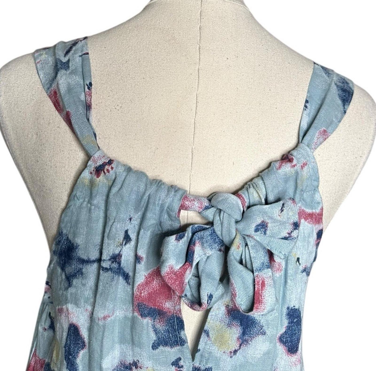 Bellambra 100% Linen Dress Womens XS Blue Floral Watercolor Sleeveless Italy