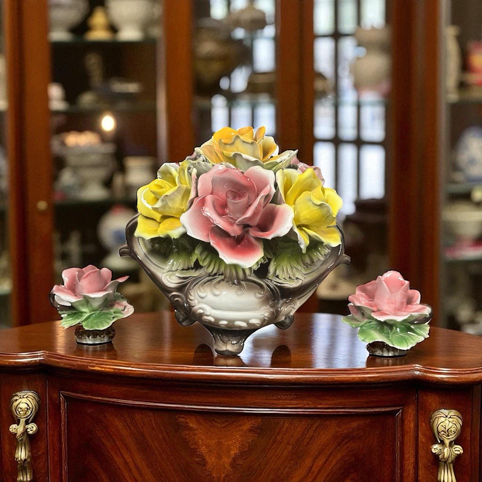 Capodimonte Italy Large Flower Rose Basket & Matching Candle