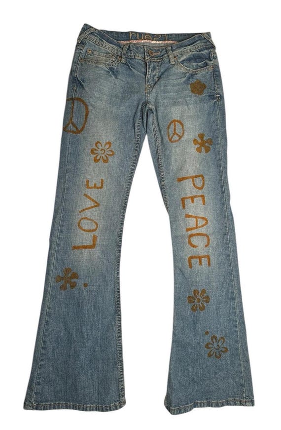 Vtg Rue 21 Y2K Low Rise Bootcut Jeans Peace Love Flower Power