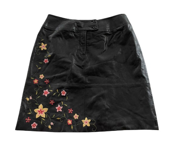 Vintage Womens Alfani Petite Black Leather Mini Floral Embroidered Skirt Sz  10P 