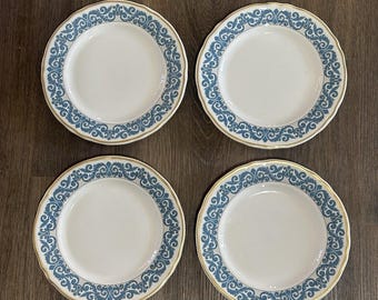 Vajilla de restaurante Shenango China vintage, 4 platos llanos, diseño de volutas azules con borde dorado, 9 pulgadas.
