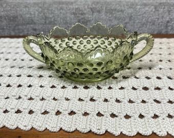 Vintage FENTON Colonial Green HOBNAIL Oblong Glass Bowl Scalloped w/Handles 7"