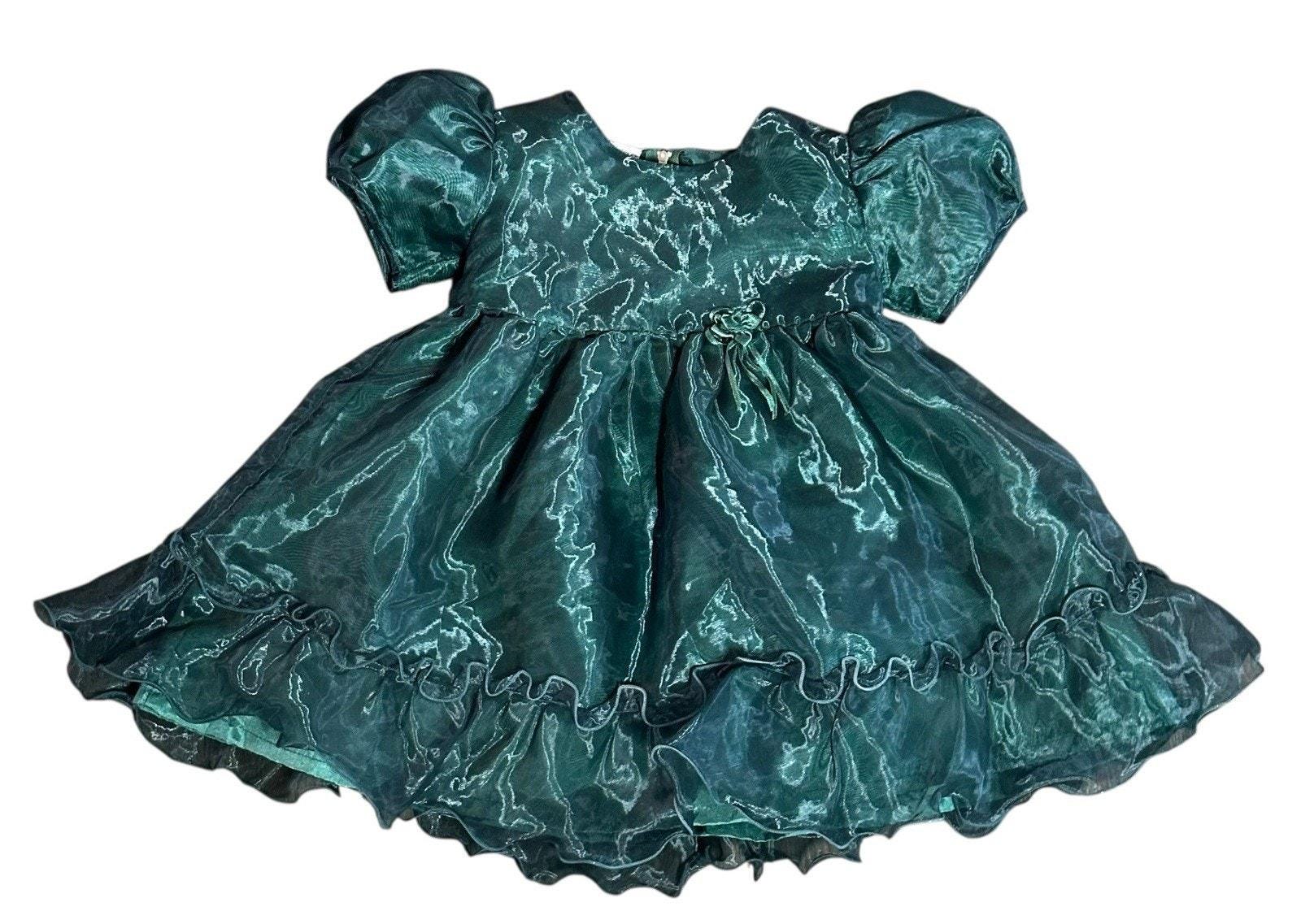 emerald green dress jcpenney Vtg 90s Party Time Taffeta Puff Sleeve Ruffled Hem Girls 24 M Christmas fs a Cotton Flax