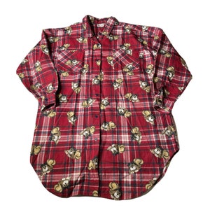 Vintage Kathy Ireland Intimates Red Plaid Dog Print Cotton Sleep Shirt Nightie