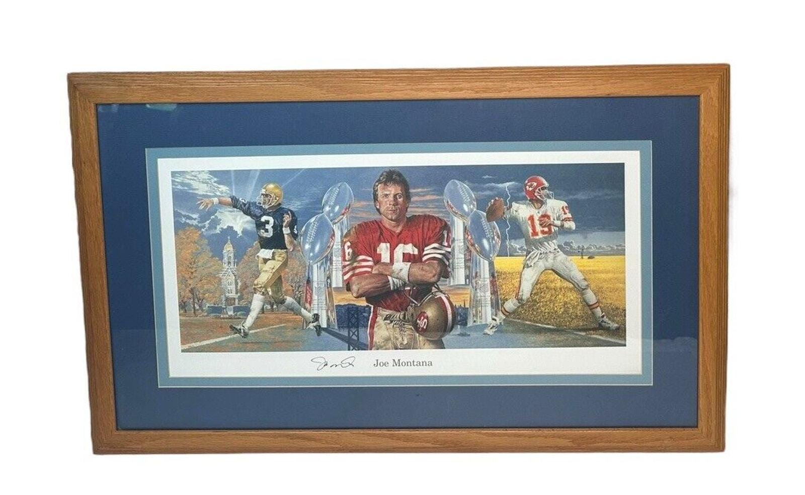 Joe Montana Retirement Fine Art Lithograph by NFL Artist Merv Corning Wood Frame