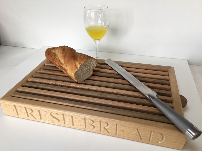 Bread cutting board, Crumb catcher style, Available in many woods, Oak, Beech cherry or Walnut. Customisable bread cutting board. image 7