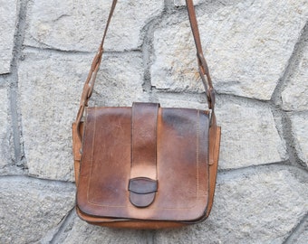 Vintage genuine leather bag, Leather bag, Old genuine leather bag, Womens bag, Brown leather bag, Old leather bag, Ladies bag from 1960s