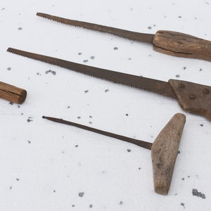 Set of 4 Antique Tools, Hand Made Tools, Woodworking Tools, Antique Saw, Hand Saw, Rustic Hand Saw, Hand Drill & Drill, Wood Working Tools