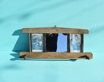 Primitive Wooden Wall Mirror with Towel Rack: Floral Carving, Vintage Decor