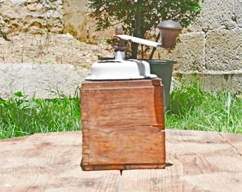 Antique Wooden Coffee Grinder: 1900s Metal Handle, Distressed