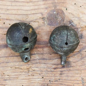 2 Small Bronze Bells, 2 Bronze Bells, 2 Old Bronze Bells, 2 Bronze bells in the shape of small walnuts, Decoration Bells, Vintage Home Decor