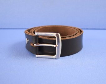 Vintage Black Leather Belt: 80s Genuine Leather, 49.8 Inches