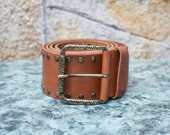 Ceinture en cuir marron vintage : boucle en laiton italien, mode des années 90