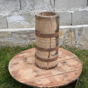Antique Wood Mortar, Antique Large Mortar, Vintage Wood Mortar, Large wooden mortar, Primitive Wood Barrel, Handmade Mortar, Wood Mortar