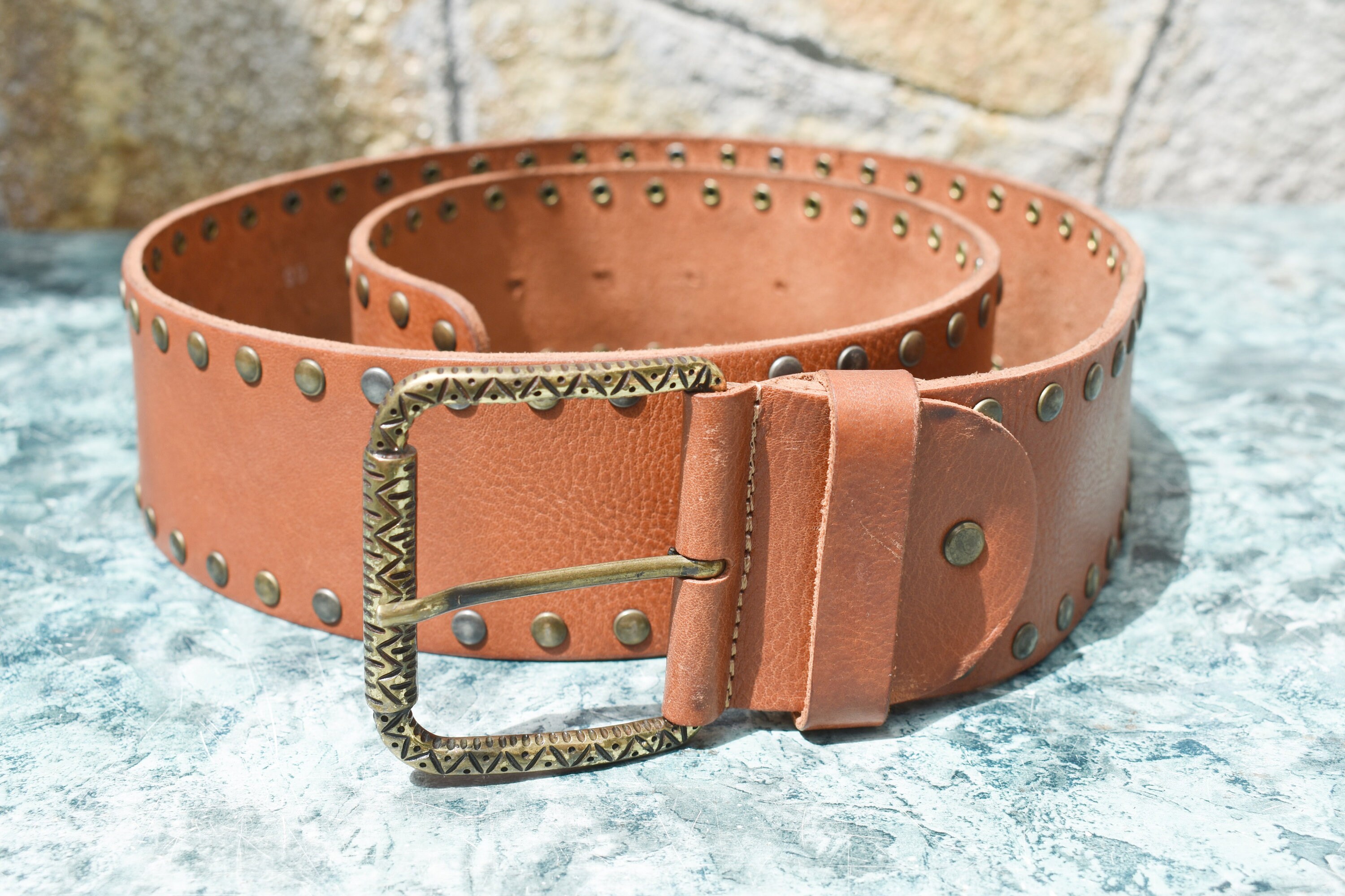 Vintage Brown Leather Belt: Italian Brass Buckle, 90s 