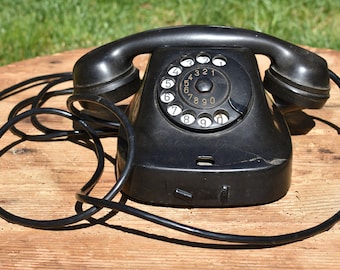 Vintage Black Bakelite Rotary Phone - 1960s Bulgarian Retro Decor