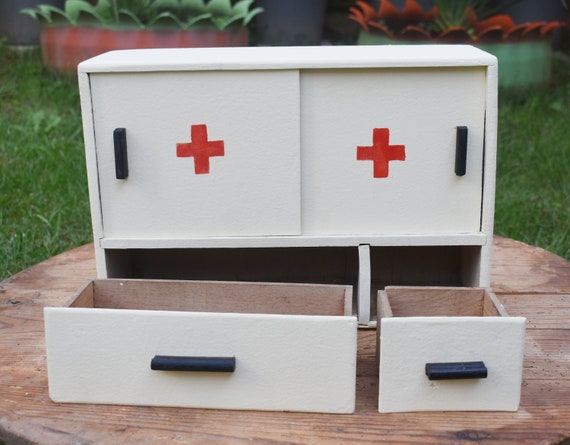 Vintage 1960s Wooden First Aid Kit - Hanging Medicine Cabinet